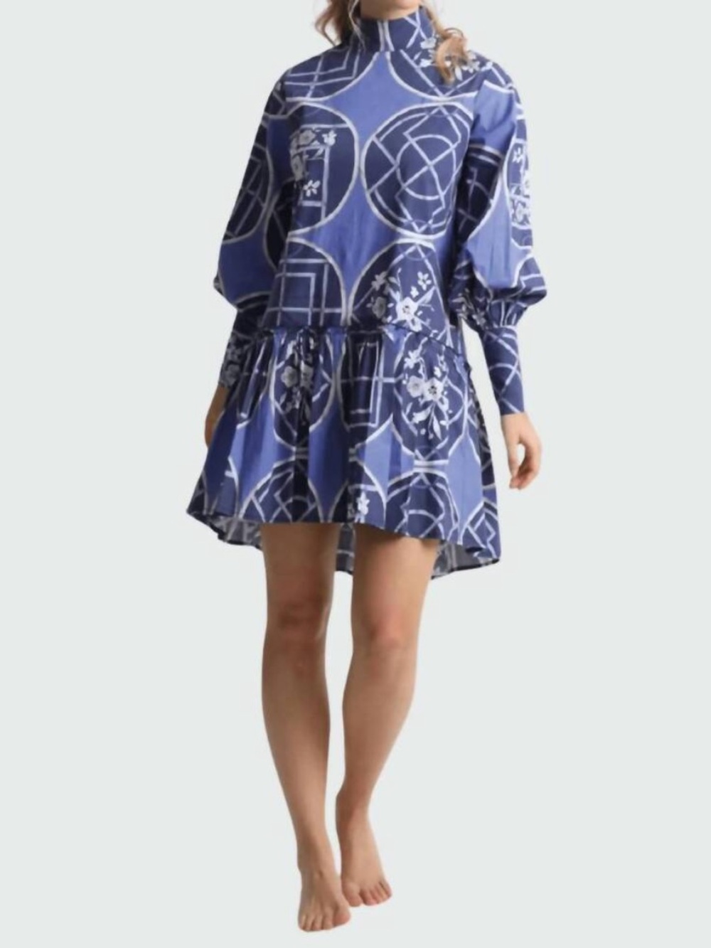 KLEID Fiona mini dress Ruffles in blue circles  mockneck long sleeve